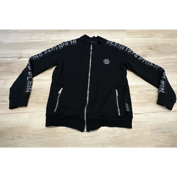 Philipp Plein Men XXL Track Jacket Mockneck Full Zip Crystal Spell out Black - Picture 2 of 14